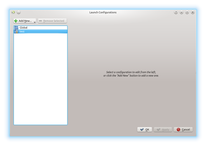 KDevelop's empty Launch config window