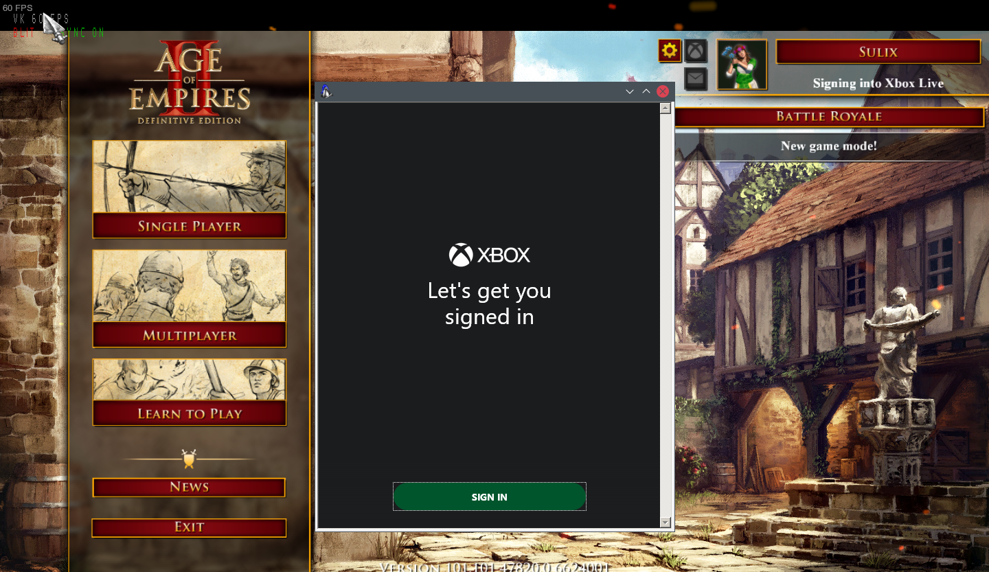 Screenshot of the XBox signin window.